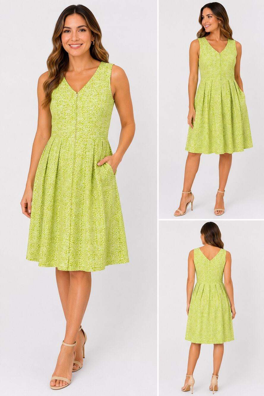 ESPRIT Green White Geometric Print Sleeveless Fit Flare Midi Dress Pockets Est L